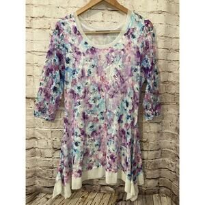Casual Express Shirt Womens Large Blue Purple Floral Watercolor Mesh Layered
